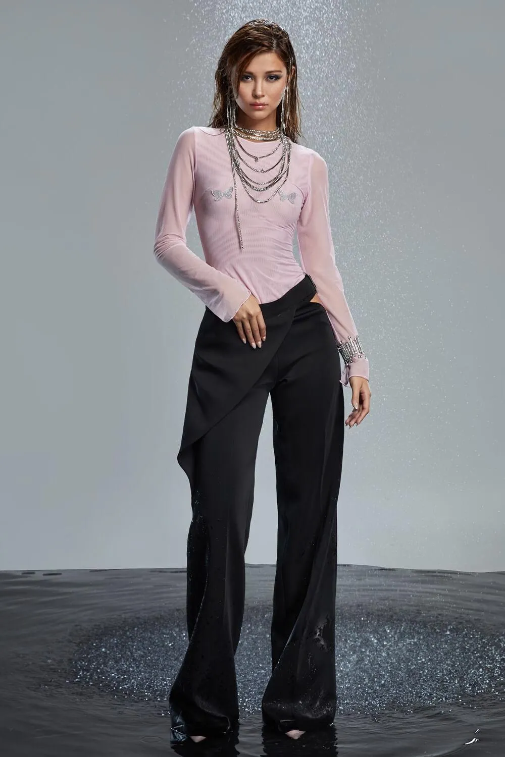 Ainsley Straight Cut-Out Wool Floor Length Trousers