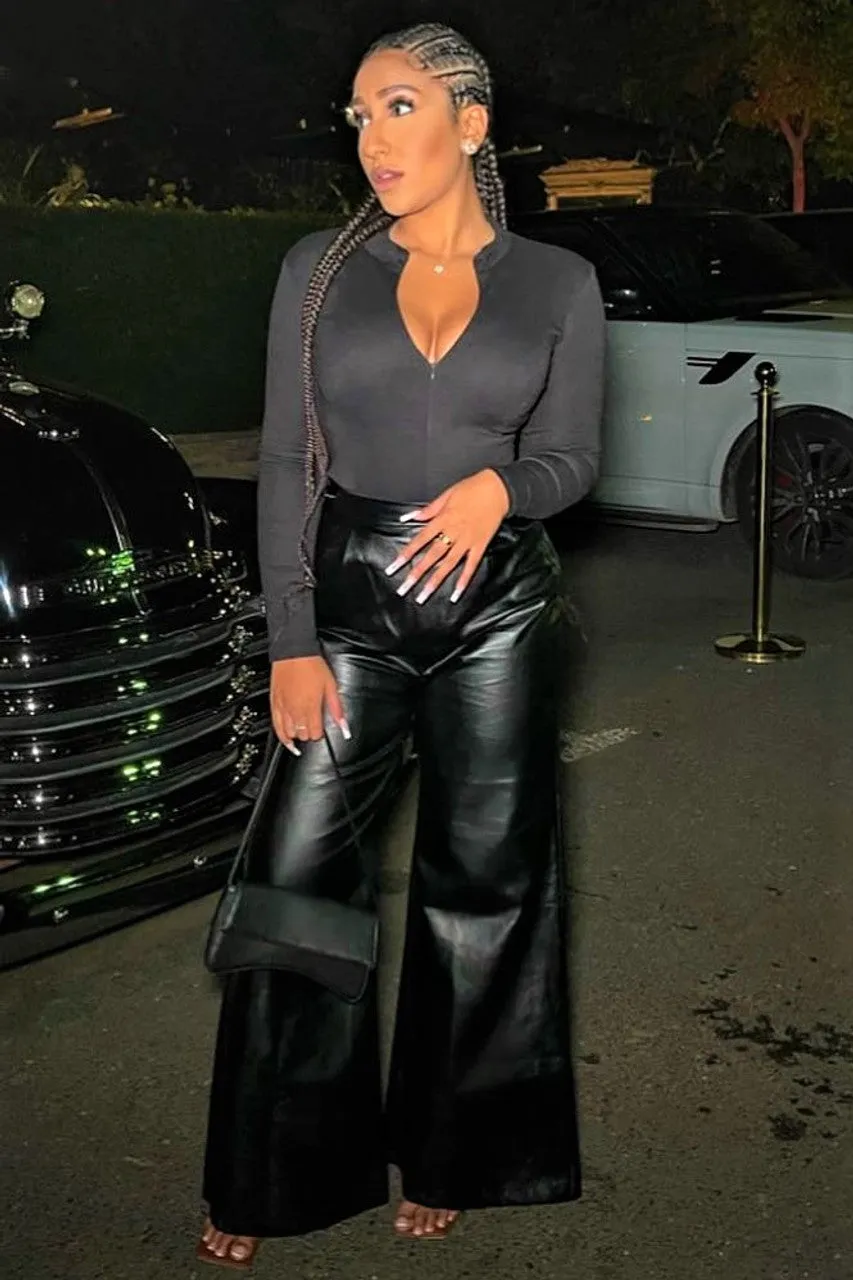 Black PU Leather Look Wide Leg Trousers