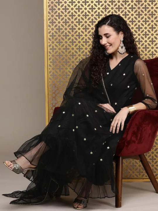 Black Women Floral Embroidered Regular Sequinned Kurta with Trousers & With Dupatta