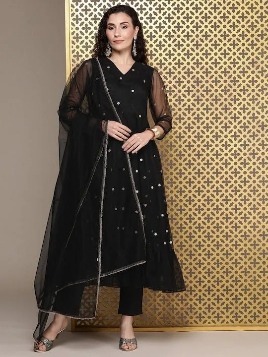 Black Women Floral Embroidered Regular Sequinned Kurta with Trousers & With Dupatta