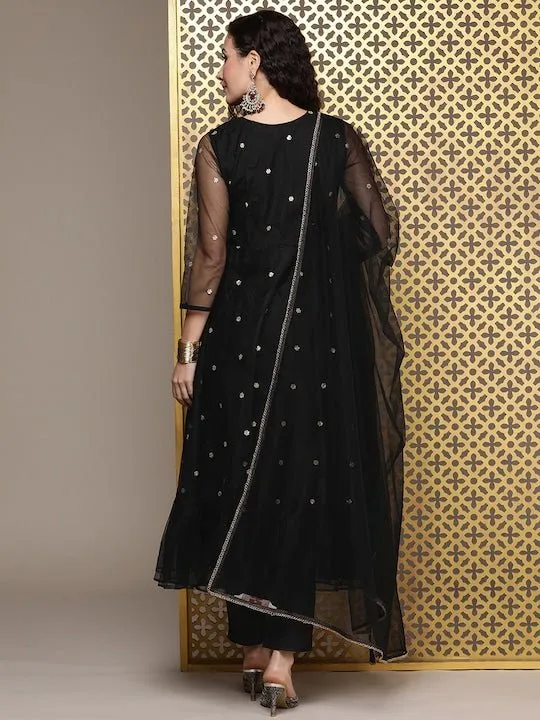 Black Women Floral Embroidered Regular Sequinned Kurta with Trousers & With Dupatta