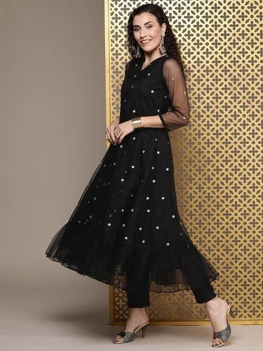 Black Women Floral Embroidered Regular Sequinned Kurta with Trousers & With Dupatta