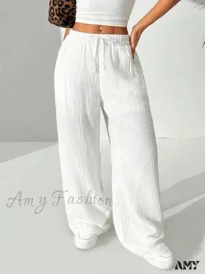 Casual Wrinkle Solid Color Long Autumn Winter Straight Drawstring Loose Trouser