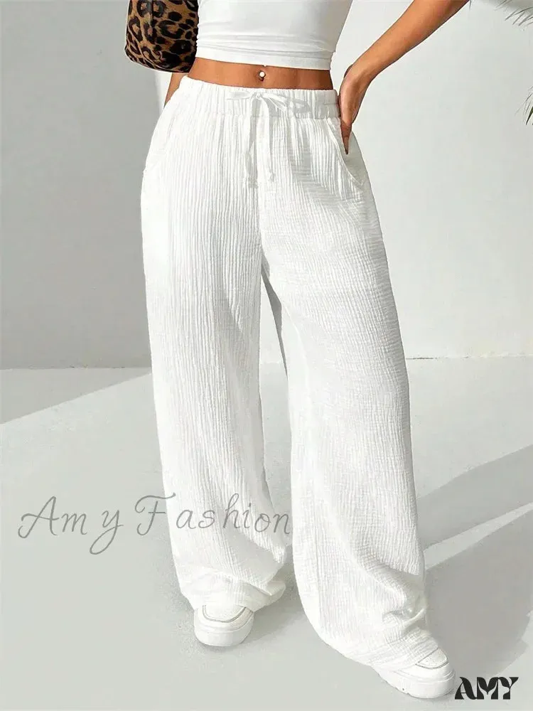 Casual Wrinkle Solid Color Long Autumn Winter Straight Drawstring Loose Trouser