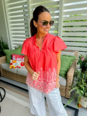 Coral Boxy Cut Ruffle Top