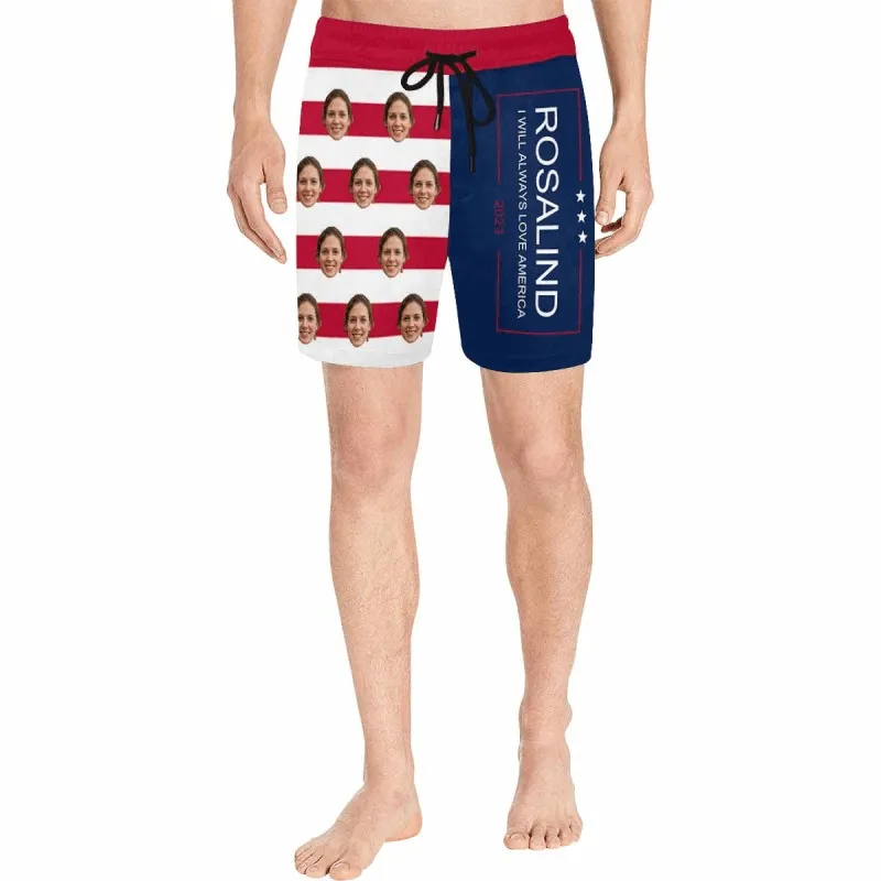 Customized Flag Swim Trunks Personalized Face & Name I Will Always Love America Men's Quick Dry Swim Shorts for Independence Day