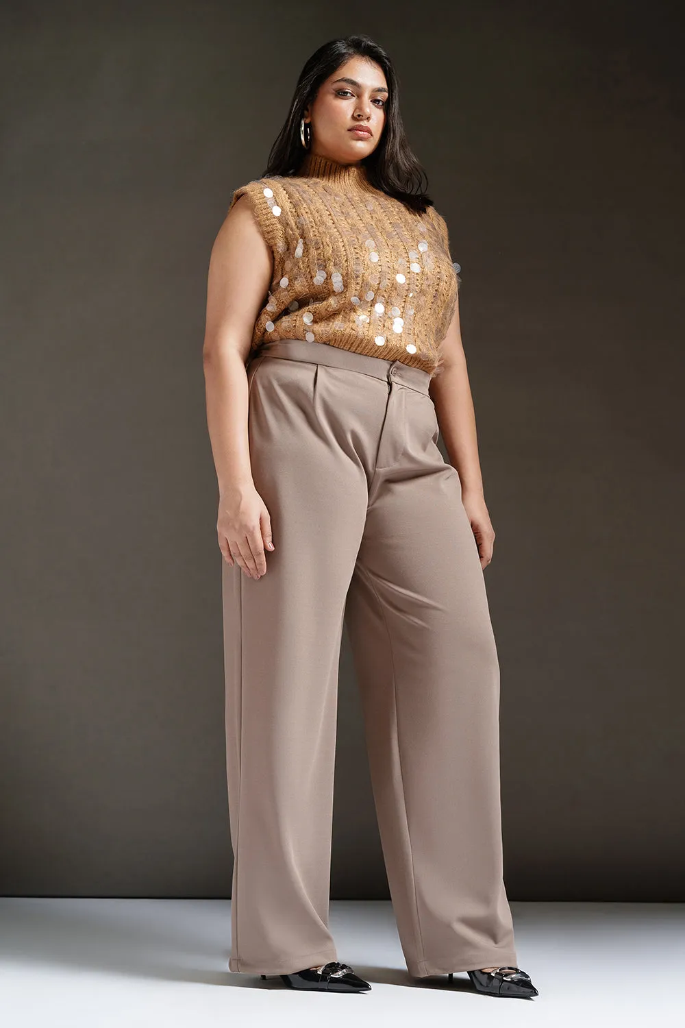 Dark Taupe Curve Textured Korean Pants