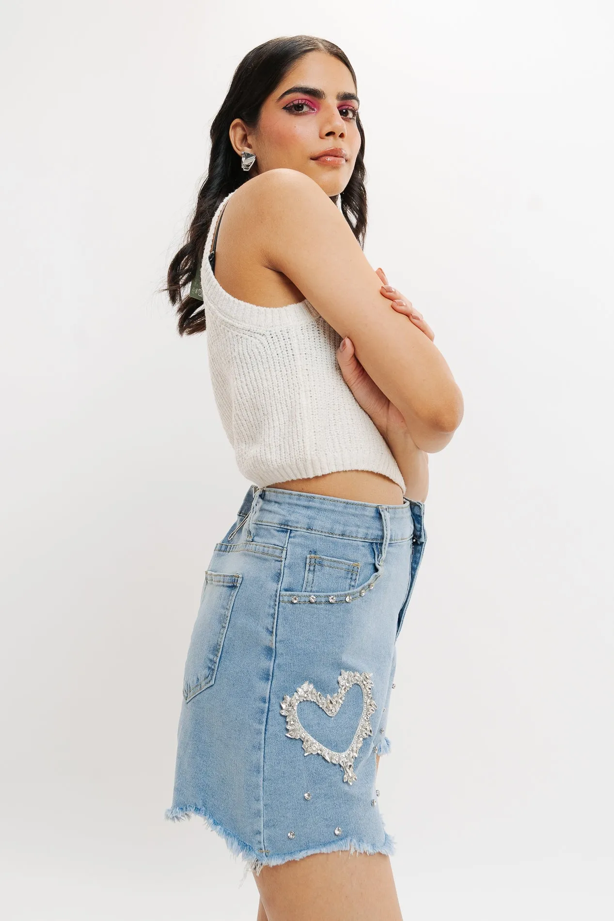 Heart-Embellished Rough-Cut Denim Shorts