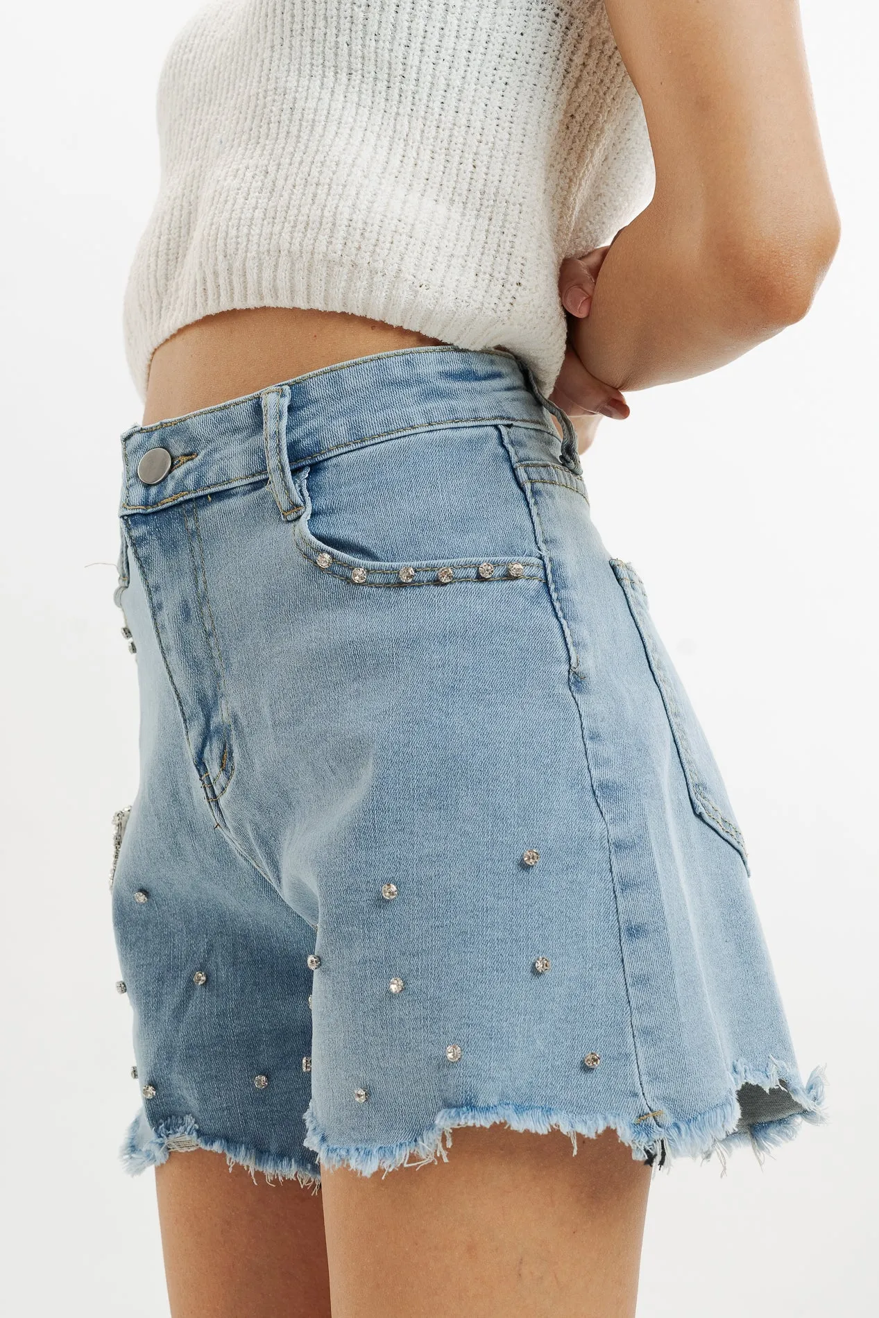 Heart-Embellished Rough-Cut Denim Shorts