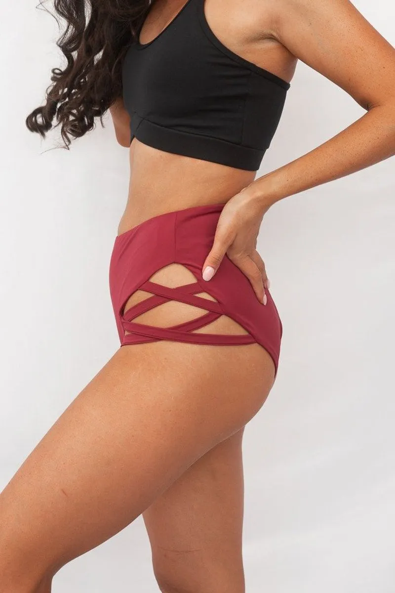 Lunalae High Waist Cross Section Shorts - Wine