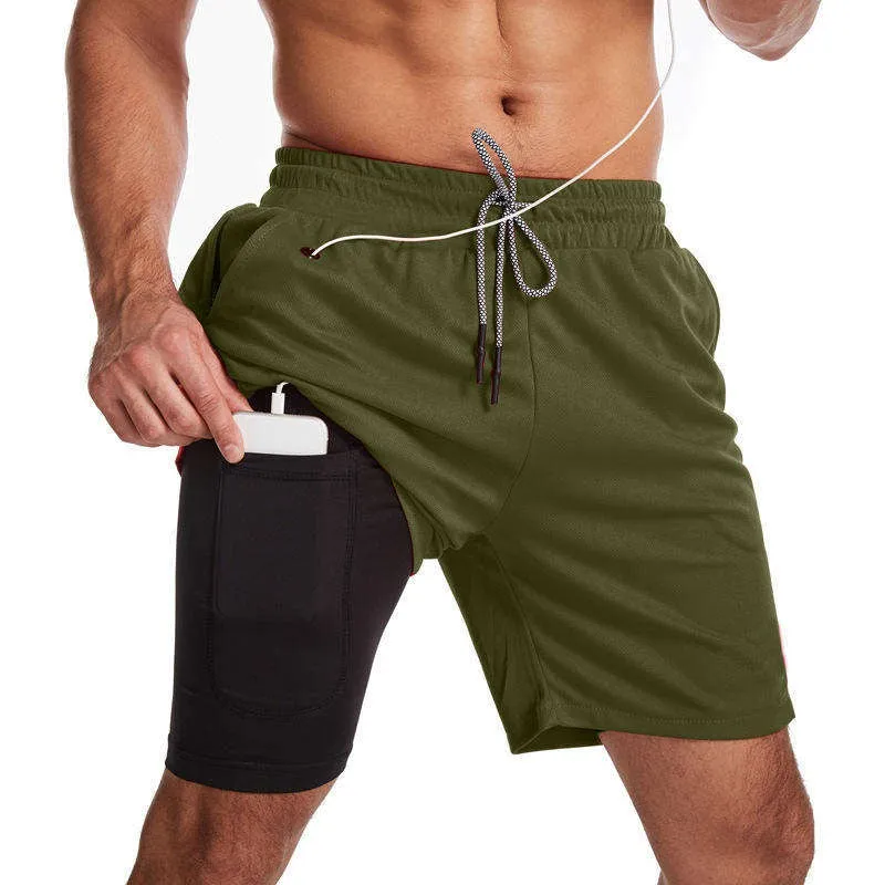 Men's Two Layers Gym Shorts Active Quick Dry Slightly Stretch Workout Bottom | DK-871