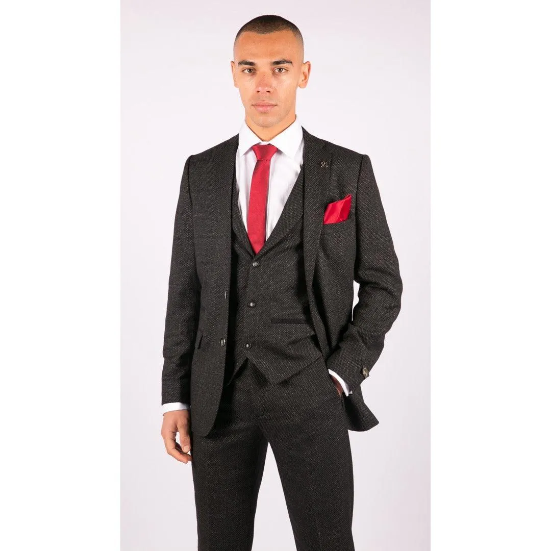 Mens Wool 3 Piece Suit Tweed Charcoal Black Tailored Fit Classic