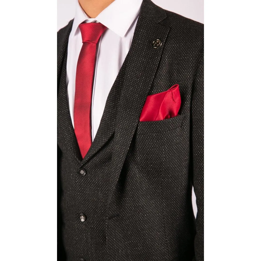 Mens Wool 3 Piece Suit Tweed Charcoal Black Tailored Fit Classic