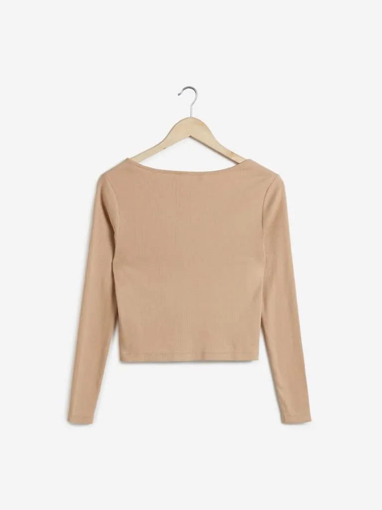 Nuon Beige Ribbed Bart Cropped Top