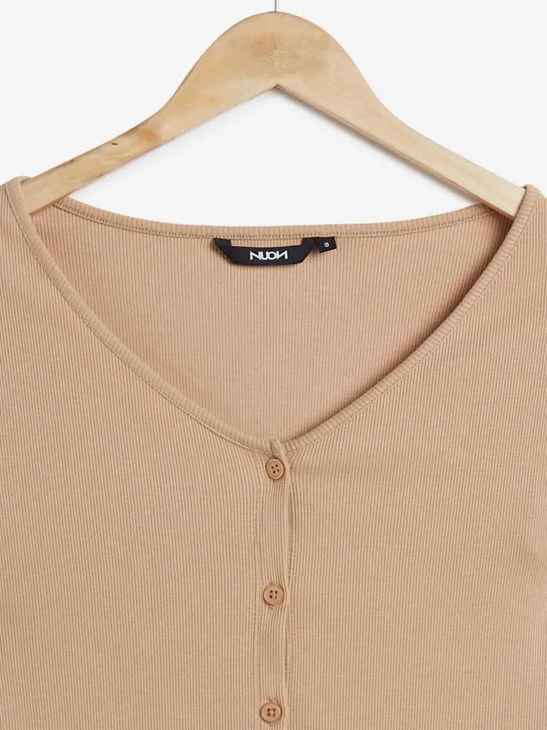 Nuon Beige Ribbed Bart Cropped Top