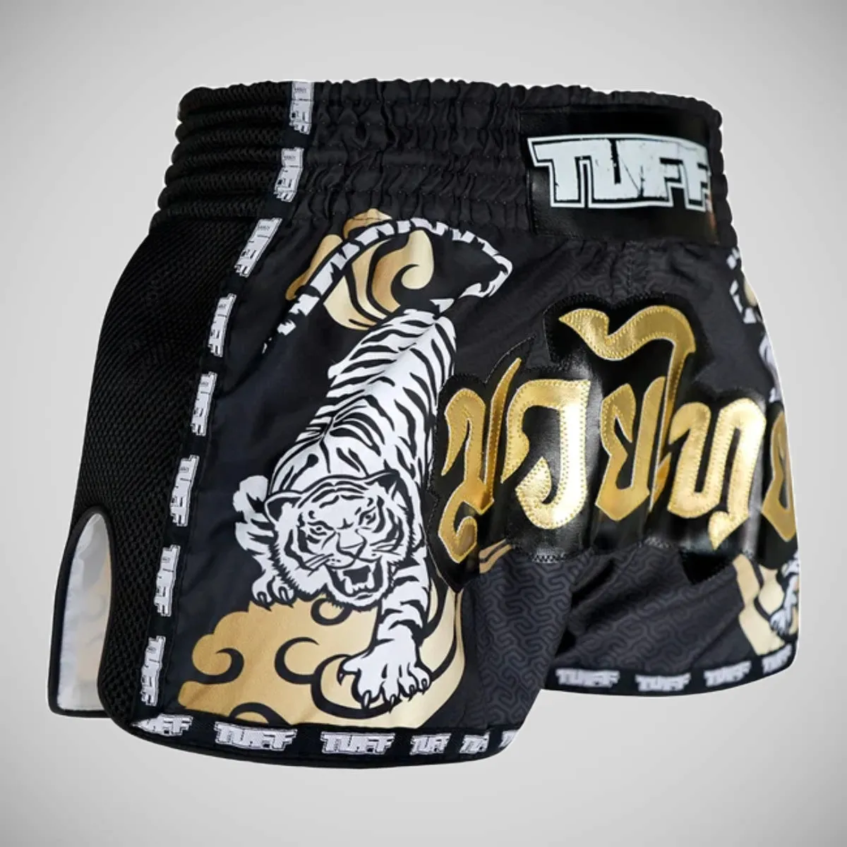 TUFF Sport MRS301 Retro Style Double Tiger Muay Thai Shorts Black