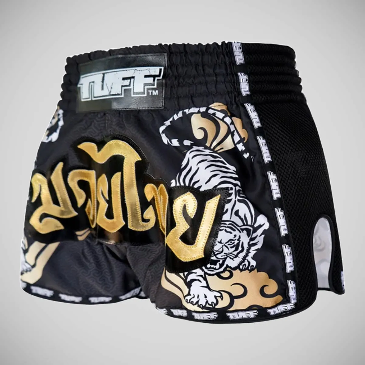 TUFF Sport MRS301 Retro Style Double Tiger Muay Thai Shorts Black