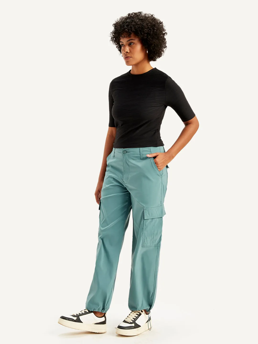 Women's Mid Rise Green Baggy Fit Cargo Trousers