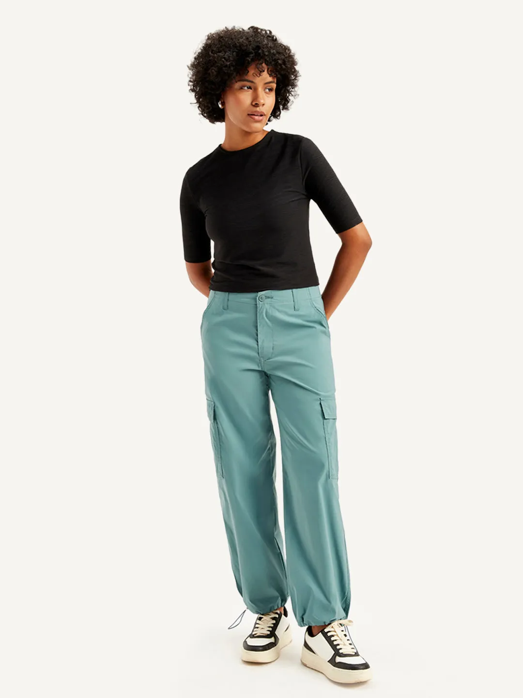 Women's Mid Rise Green Baggy Fit Cargo Trousers