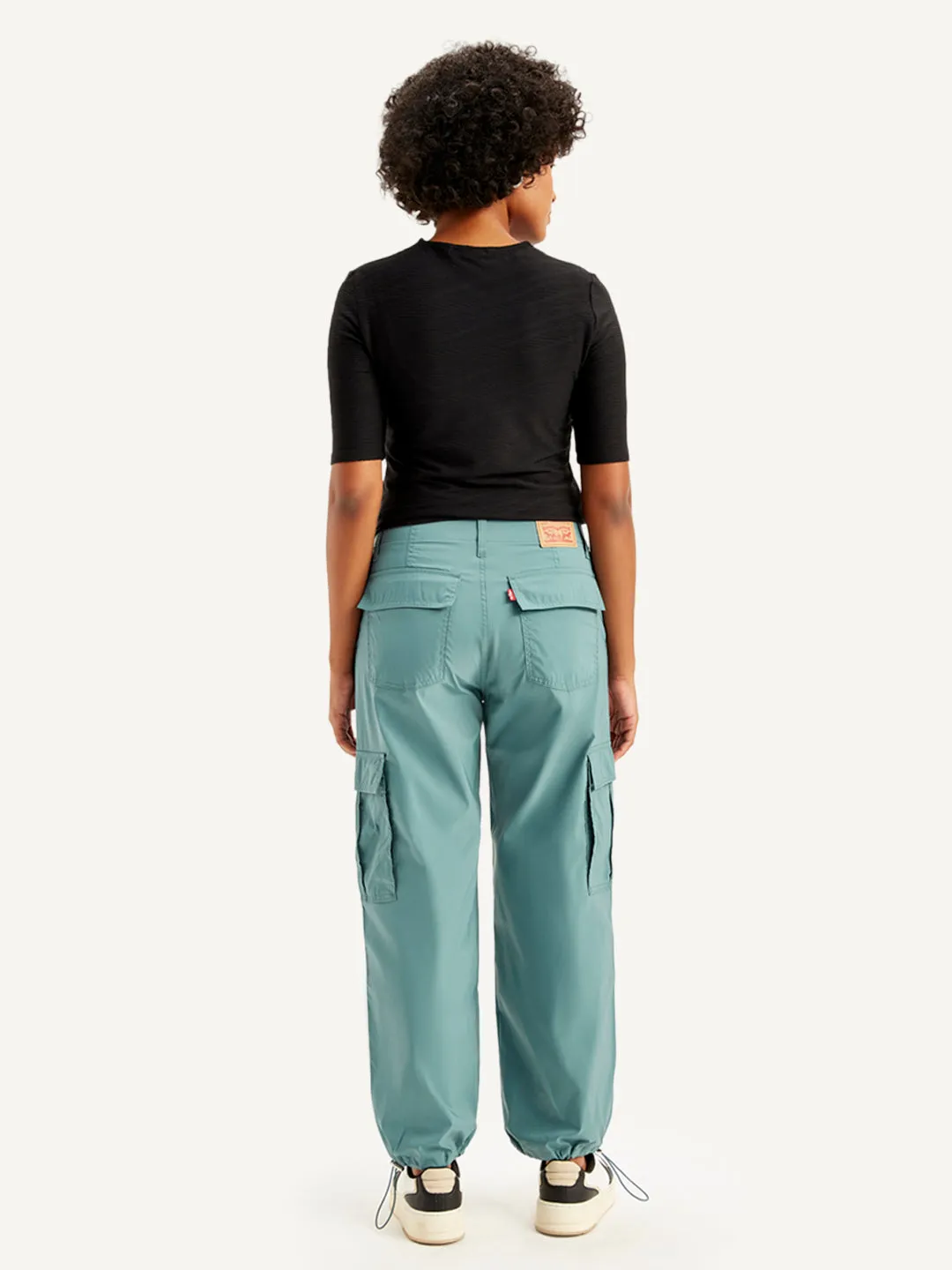 Women's Mid Rise Green Baggy Fit Cargo Trousers